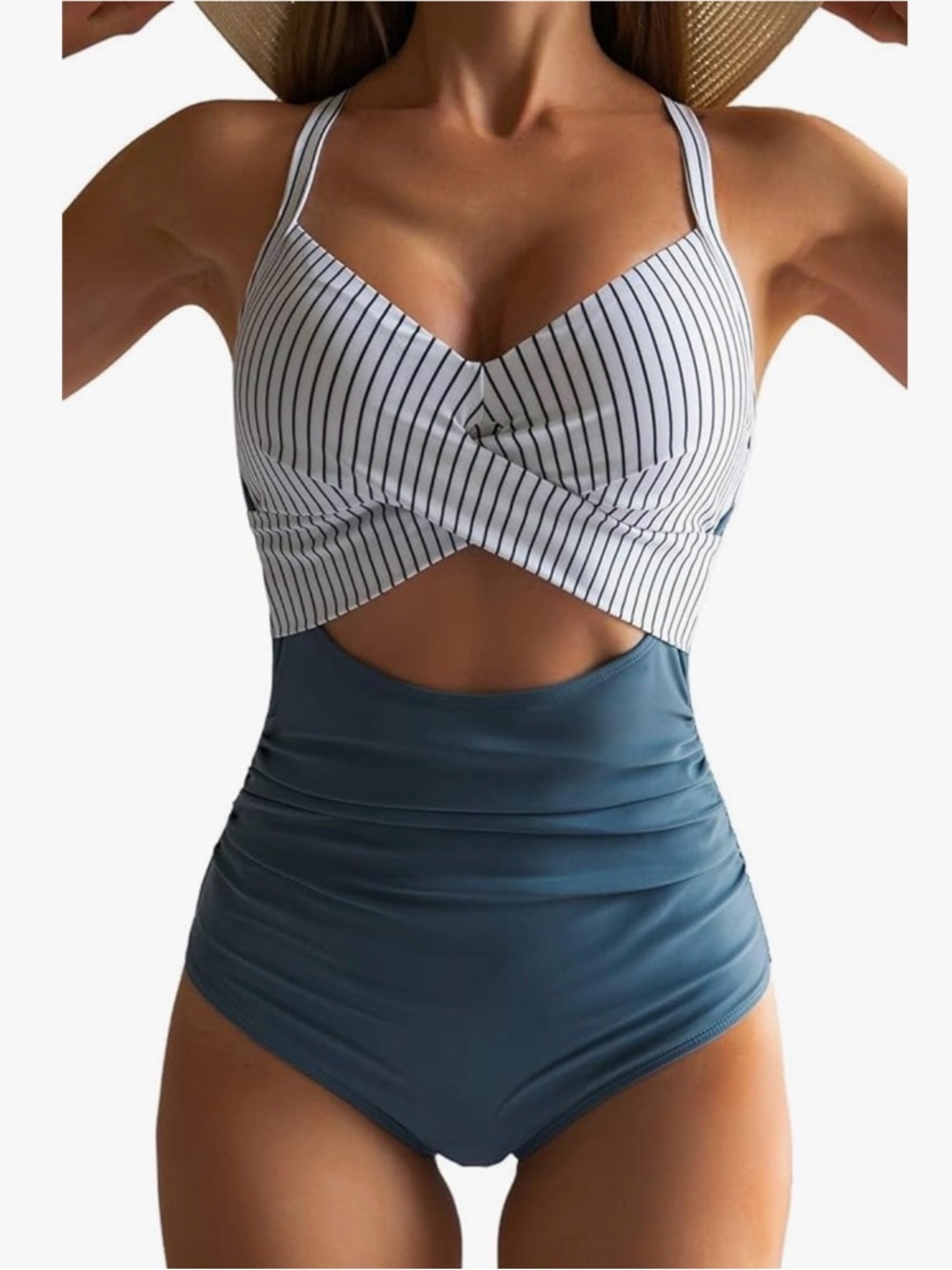 EoMENIR Striped Twist-Front Cutout One-Piece Swimsuit - White & Blue size L
